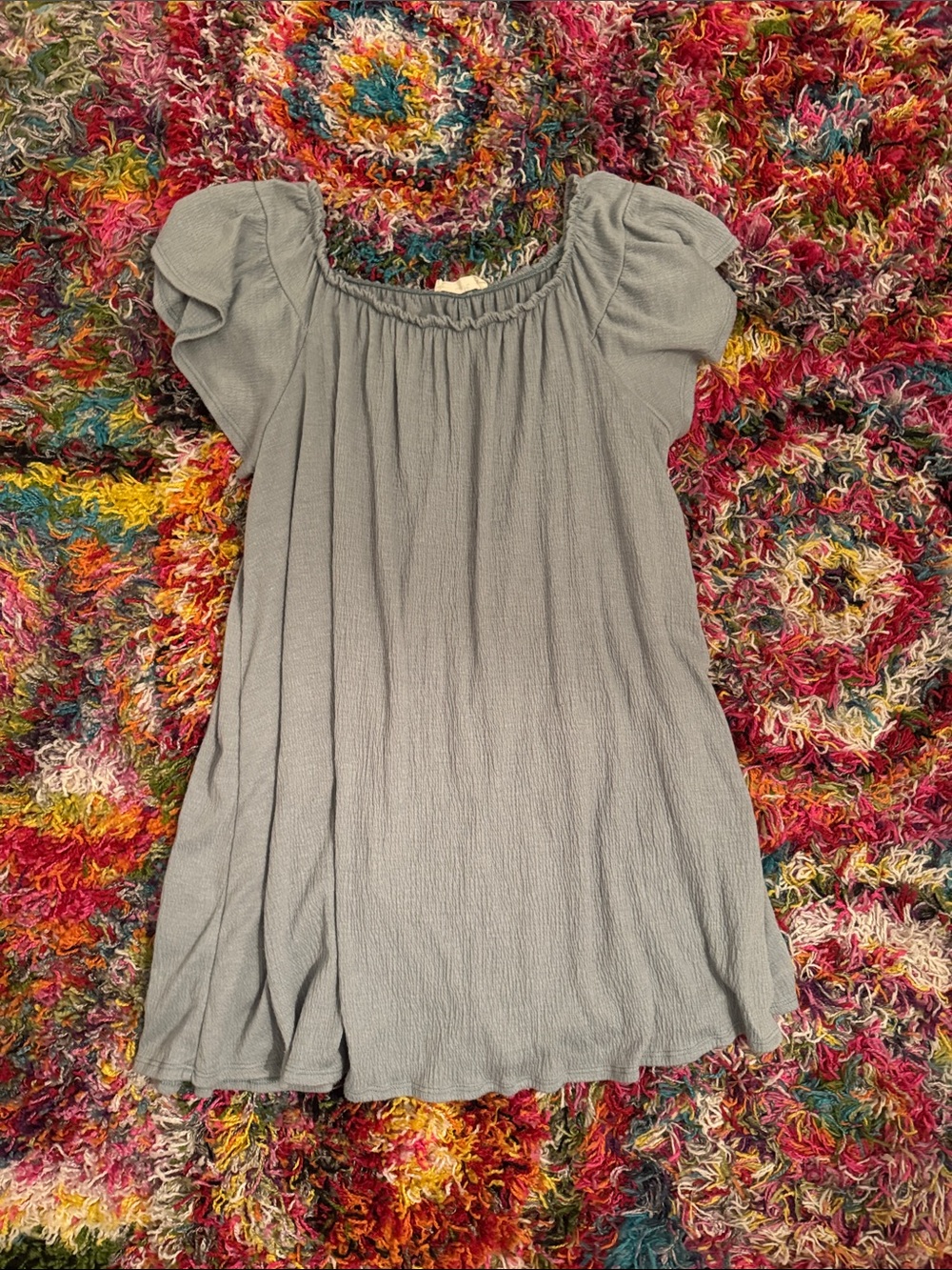 Smocked-Neck Light Blue Gray Women's Flowy Mini Dress